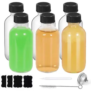 6-Pack 2oz (60ml) Leakproof Boston Round Glass Bottles - Mini Travel Containers with Lids, Funnels, Chalk Marker, Brush & Labels for Ginger Shots, Juice, Vanilla Extract