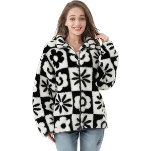 Sports & Outdoors RONGTAI Women's Floral Print Sherpa Fleece Jackets Casual Long Sleeve Outwear Zipper Cropped Coat Winter Jacket XS-XL