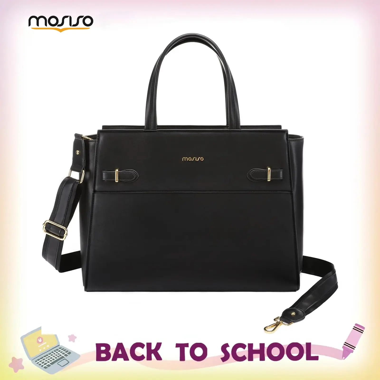 MOSISO Women's Elegant Casual Waterproof PU Leather 15.6in Laptop Tote Satchel Bag, High-Capacity Plain Business Work Bag with Adjustable Strap, Thick Padded Foam Section, Multi-Compartment, Velcro Closure, Office-Ready (Do Not Wash)