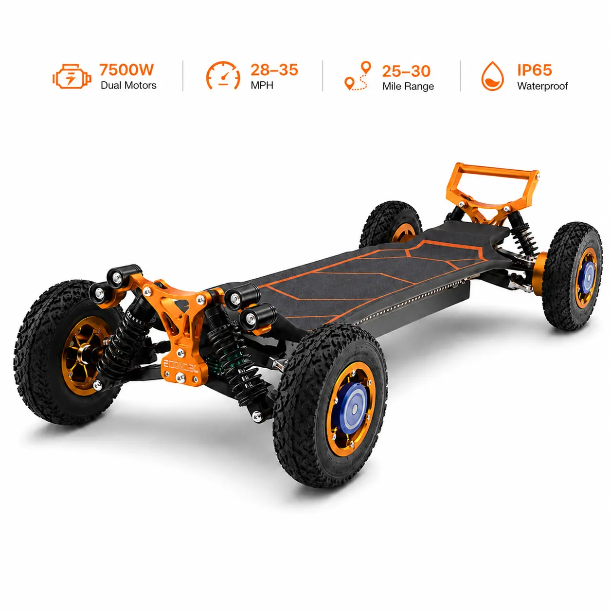 All-Terrain Electric Skateboard with 7500W Dual Motors, 28-35 MPH Speed, 25-30 Mi Range, IP65 Waterproof Rating