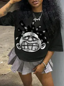 Women's Face Print Round Neck Graphic Tee, Street Fashion Casual Half Sleeve T-Shirt for Daily Wear, Everyday, Ladies Summer Clothes, Streetwear, Womenswear, Top