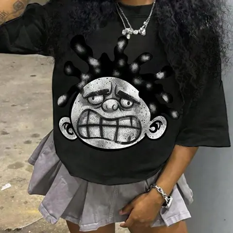 Women's Face Print Round Neck Graphic Tee, Casual Loose Tee, Street Fashion Casual Half Sleeve T-Shirt for Daily Wear, Everyday, Ladies Summer Clothes, Streetwear, Womenswear, Top
