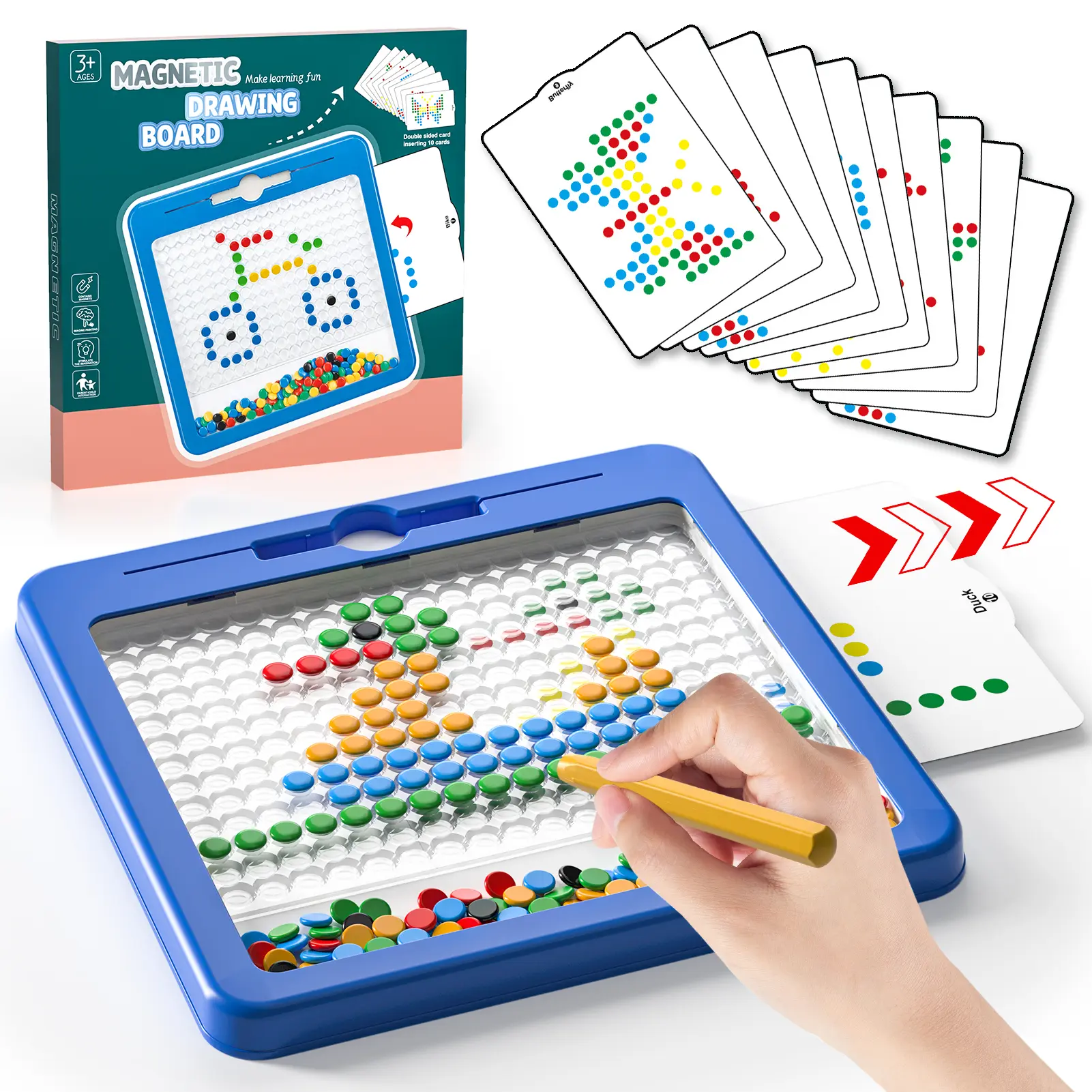 Portable Magnetic Drawing Boards for Toddlers 2-5 Years, STEM Educational Toy with Pattern Matching Cards, Magnetic Bead Fine Motor Skills Game, Smooth Safe Frame, Indoor-Outdoor Play, Valentine Gift Option