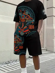 Aztec Wolf Totem 3D Digital Print Two-Piece Set, 2Pcs, Trendy Fashion Suit, Trendy Retro Casual Two-Piece Set, Vacation Style Trendy Outfit, Breathable Sports Casual Style, Perfect Holiday Gift for Men