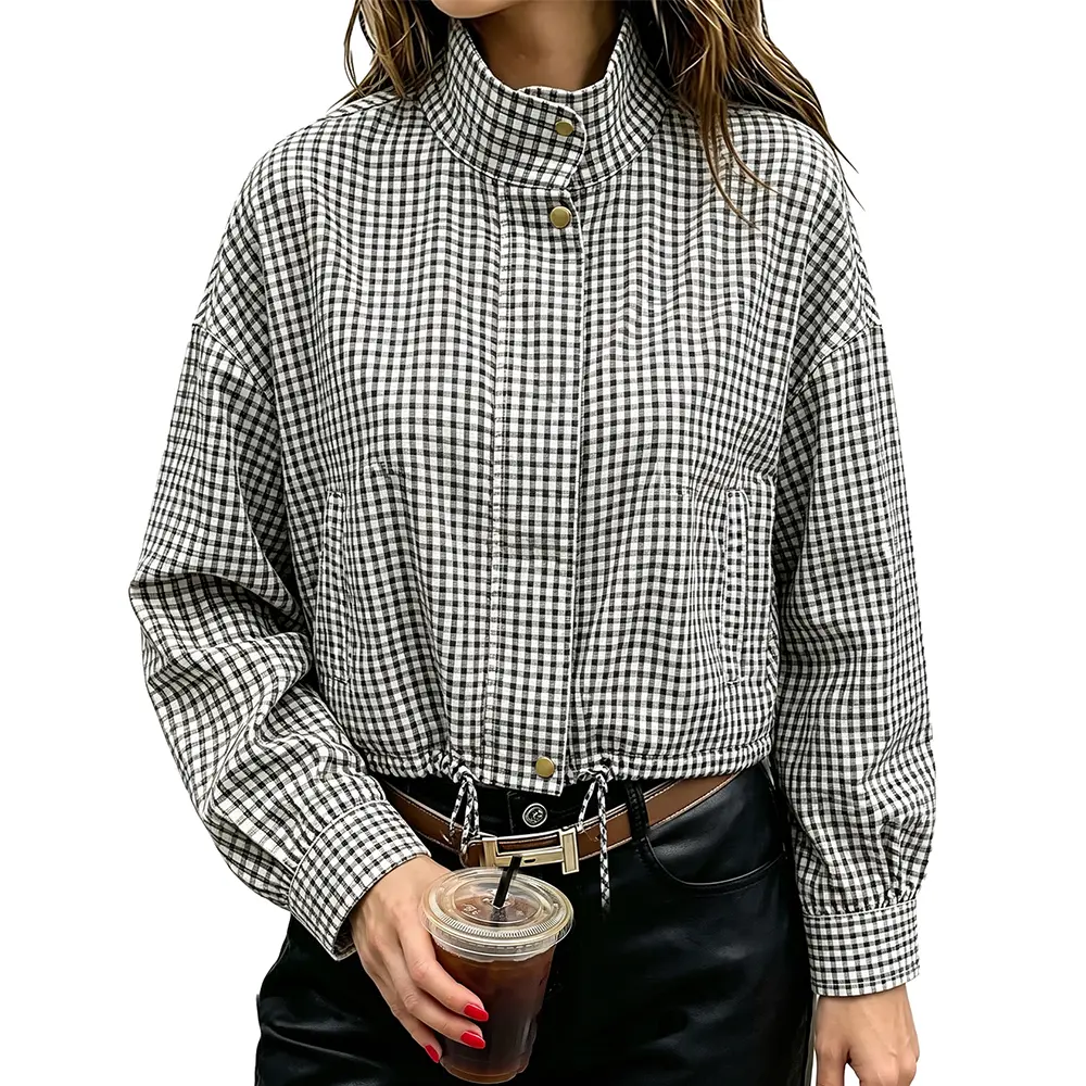 Yimoon Women’s Plaid Funnel Neck Cropped Jacket, Lightweight Zip Up Bomber Jacket with Drawstring Hem and Pockets, Gingham Casual Short Jacket for Fall