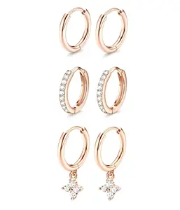 3pcs Pure Copper Hoop Earrings for Women with Clover Pendants Stackable Cubic Zirconia Hypoallergenic Fashion Jewelry Gift Set in Rose Gold & Silver
