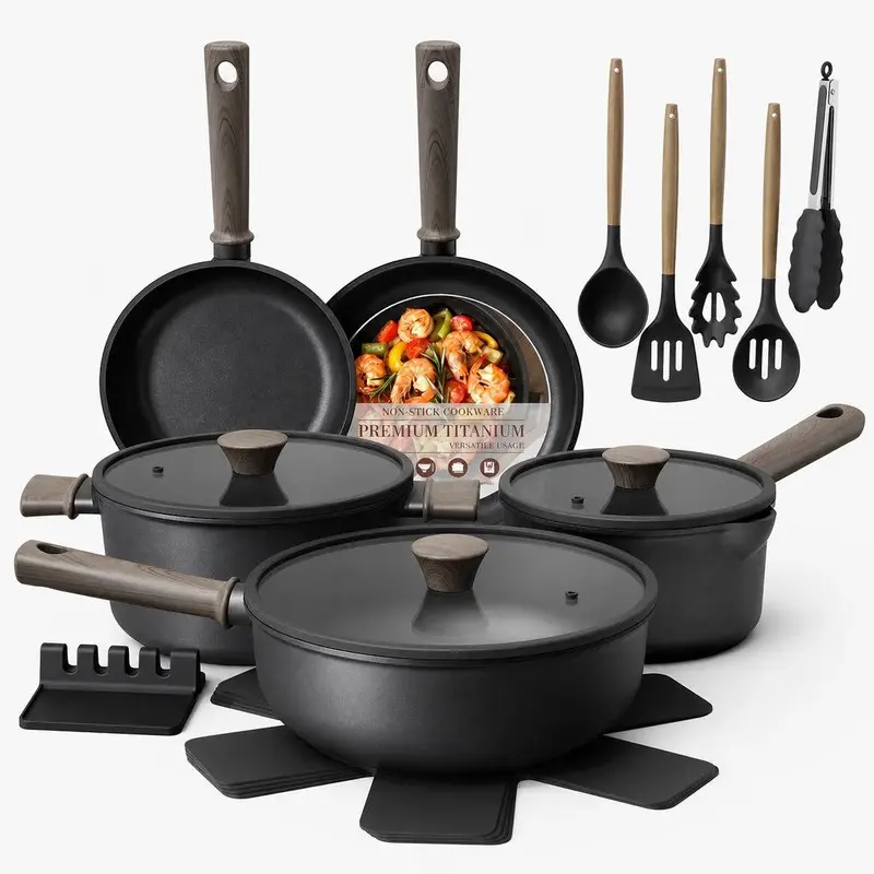 Astercook 18-Piece Titanium Non-Stick Aluminum Cookware Set - Skillet Set, Pots, Large Frying Pans, Omelette Pans, Induction-Ready, Oven-Safe, Wooden Grip Handles for Indoor Cooking