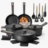 Astercook 18-Piece Titanium Non-Stick Aluminum Cookware Set - Skillet Set, Pots, Large Frying Pans, Omelette Pans, Induction-Ready, Oven-Safe, Wooden Grip Handles for Indoor Cooking