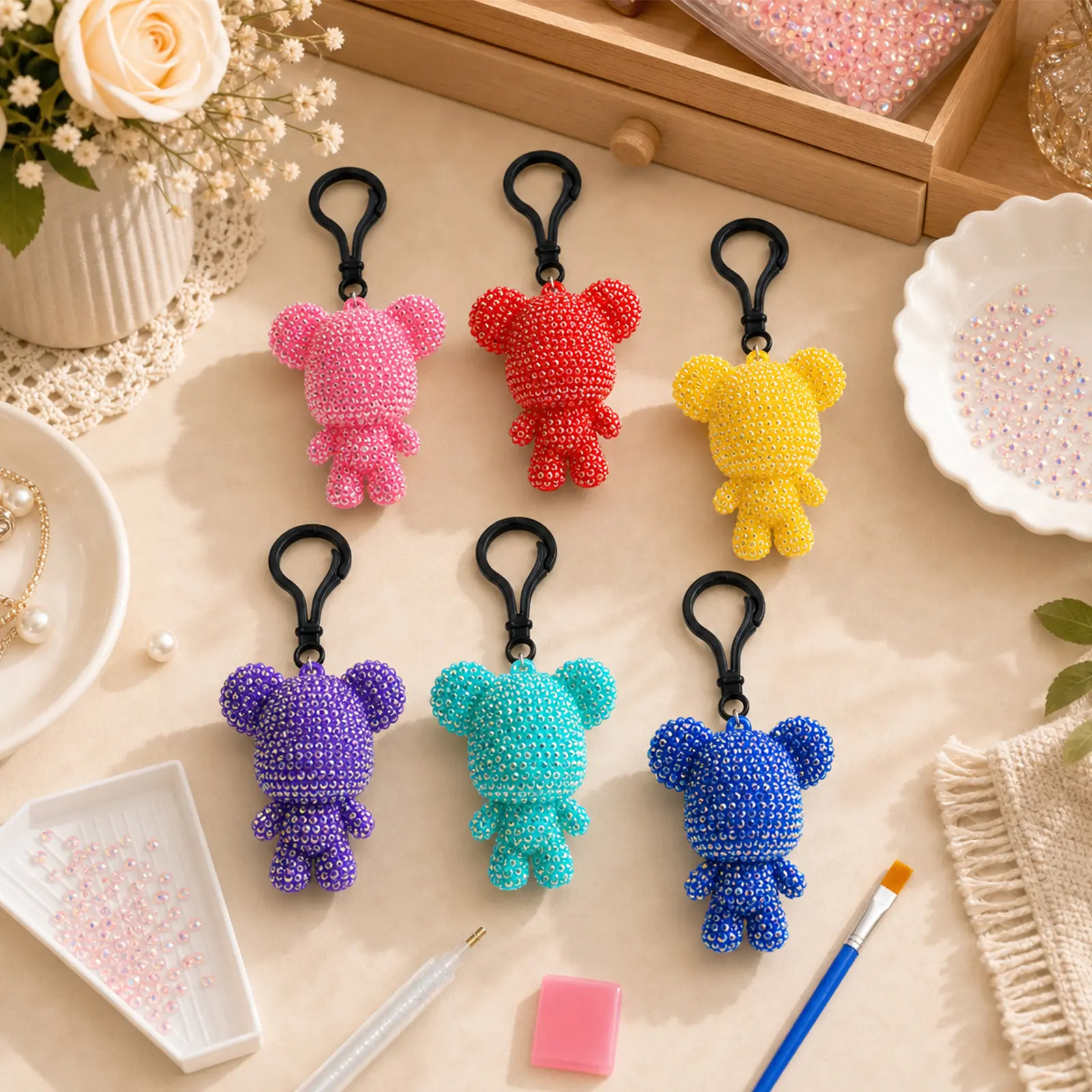6pcs Cute Colorful Multipack DIY Mini Bear Keychain Rhinestone Bedazzling Kit - 5D Full Drill Diamond Painting, Simple Beginner-Friendly Needlework Activity, Stress Reliever, Birthday Gift for Friends, Bling Bag Charm