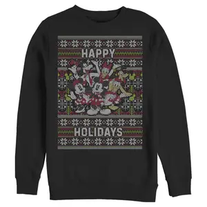 Men's Mickey & Friends Christmas Distressed Group Print Happy Holidays Sweatshirt