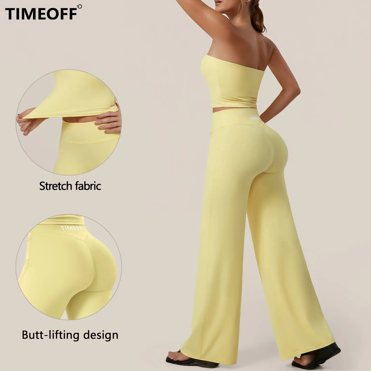 TIMEOFF Women's 2 Piece Workout Set, Non-Slip Strapless Tube Top & High Waist Butt Lifting Flare Pants, 4-Way Stretch Yoga Loungewear, 2 Pcs Set, Two Piece Sets Women