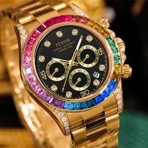 Luxurious Men's Watch with Colored Crystal Dial and Gold Finish, Skeleton Design, Royal Style for Business and Casual Occasions, High-Quality Chronograph, Perfect Gift for Any Occasion