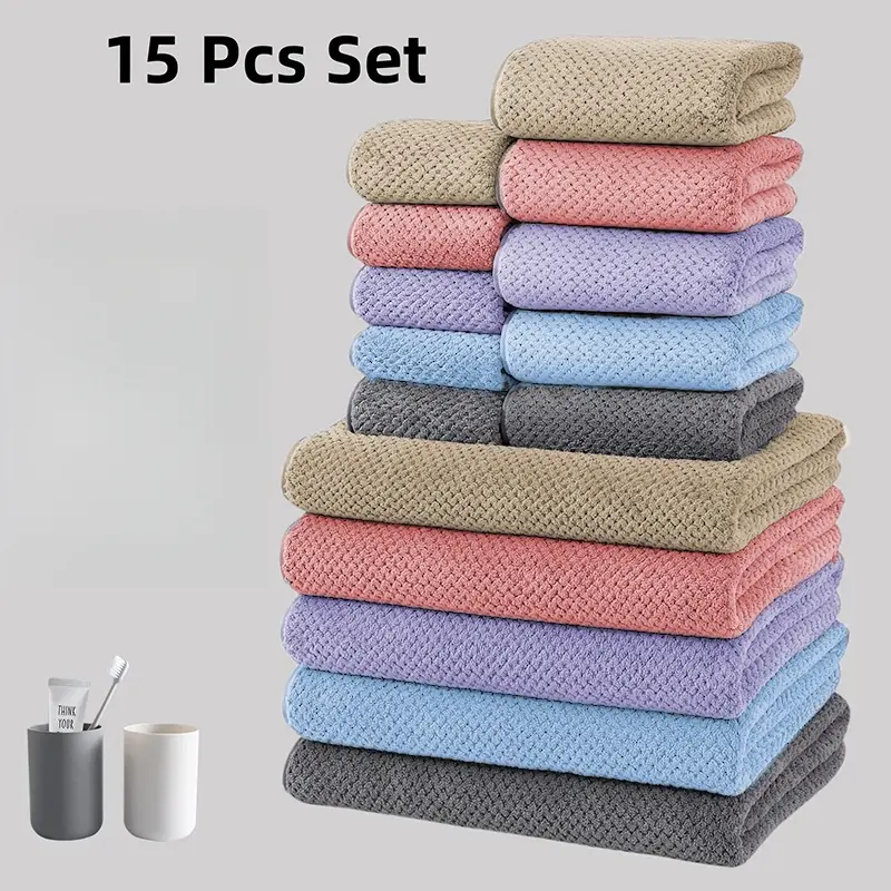 15-Piece Ultra-Soft Lightweight Pineapple Coral Bath Towel Set, 5 Bath Towels 70×140cm, 5 Hand Towels 35×75cm and 5 Square Towels 35×35cm, Quick-Drying Super Absorbent Towels, Suitable for Home, Hotel, Outdoor Fitness and Camping