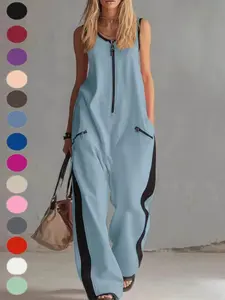 Women's Summer Casual Basic Overall Pants, Short Sleeve Zipper Round Neck, Sleeveless Design, European and American Style, 2026 New Arrival