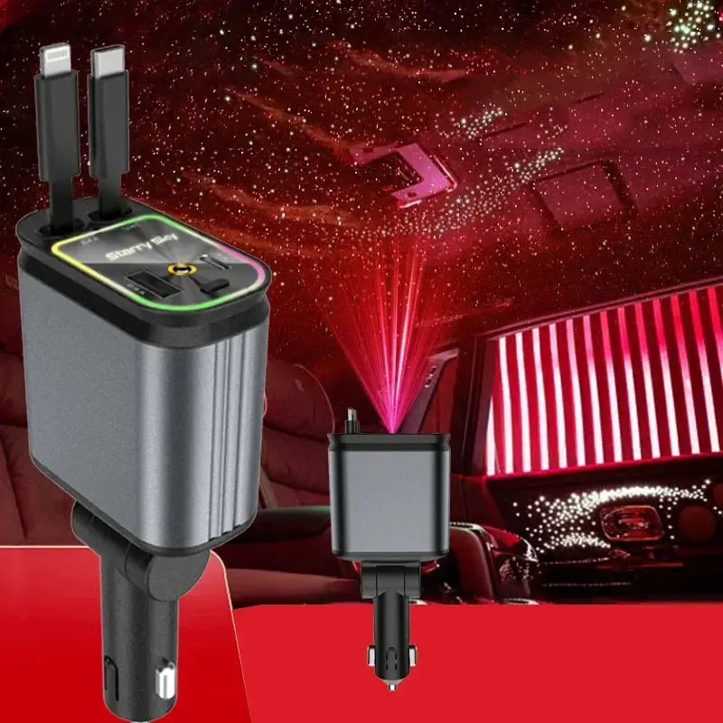 80cm 4-in-1 Retractable Type-C Charger with Starry Sky Spotlight, Dual Ports, 2 Fast Charging Cables Included, Retracts Easily, Car Roof Mounted, Compatible with iPhone 16/15/14/13/12/11 Pro Max Plus/iPad/Samsung, Car Accessory,summerwins
