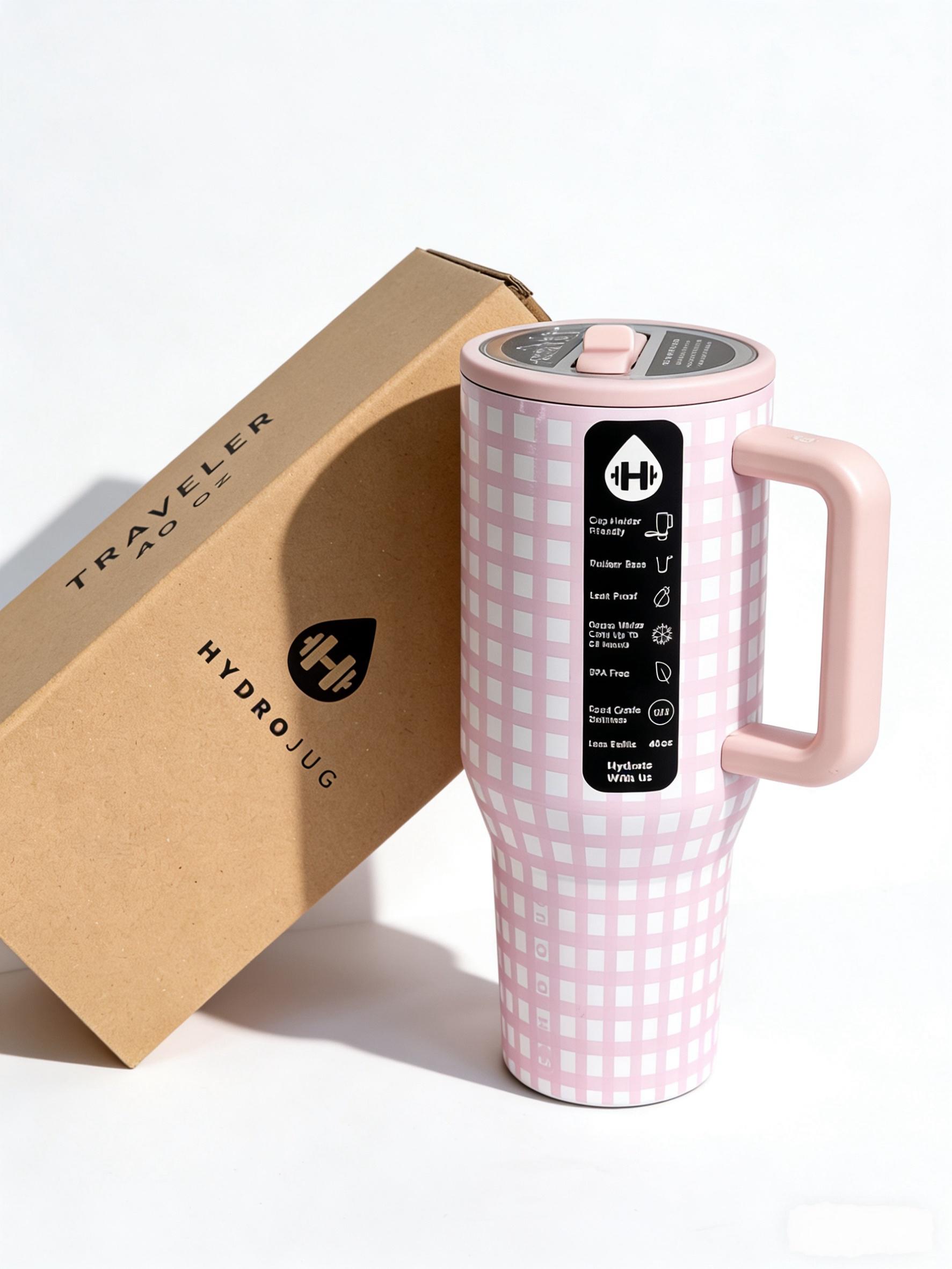 HydroJug 40oz pink checkered straw cup made of stainless steel, providing excellent heat retention and cold preservation! It's super convenient to use with one hand. Perfect for commuting, exercising, and outdoor activities.