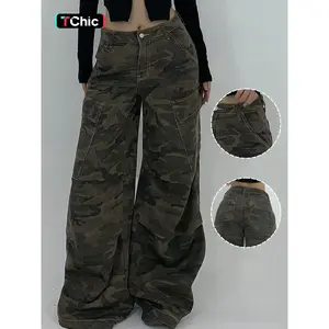 Women’s camouflage workwear straight-leg pants — loose, comfortable new washed denim, trendy casual jeans for all seasons