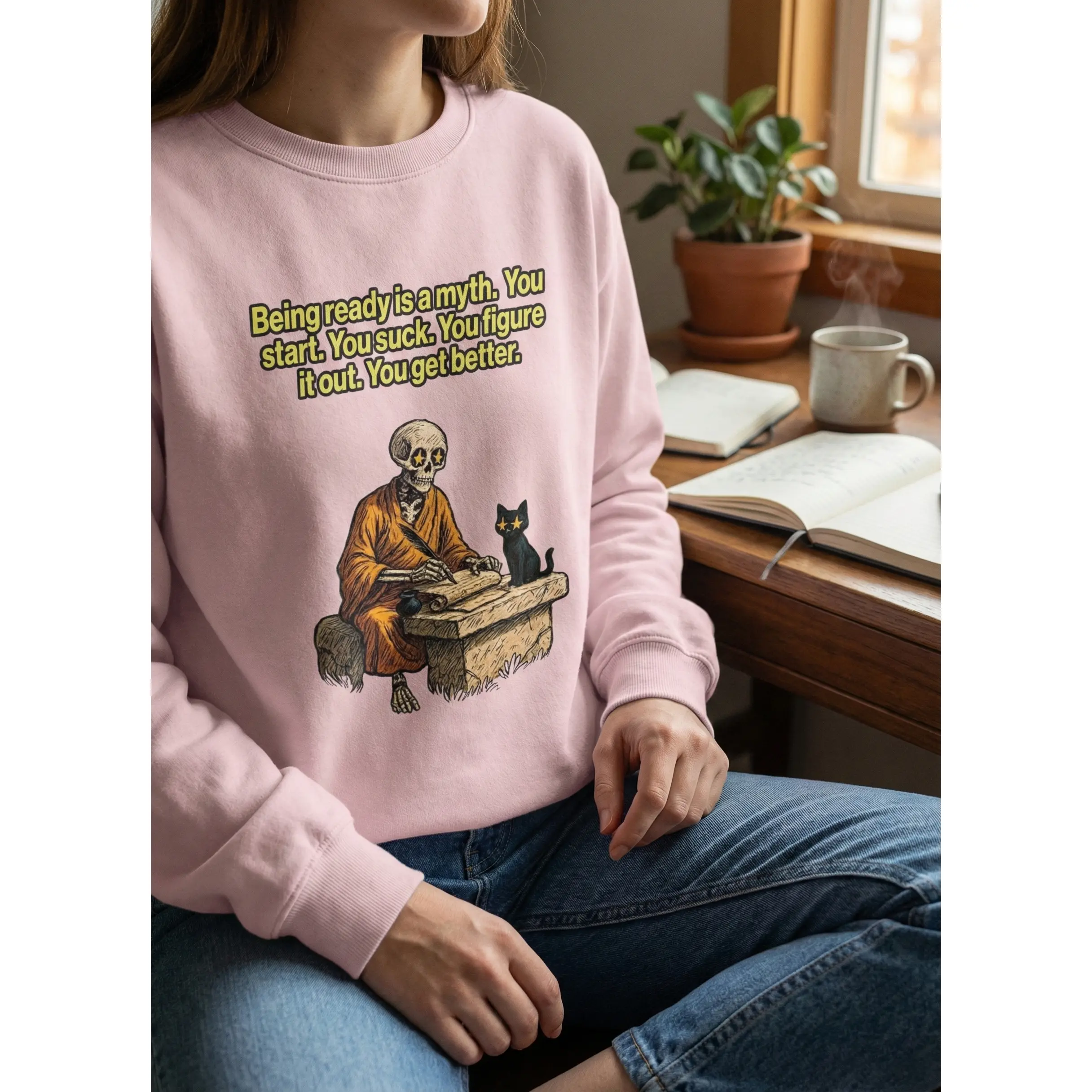 Gildan Women's Skeleton Cat Graphic Sweatshirt - Edgy Oversized Ribbed Crewneck Pullover, Smooth Pill-Resistant Air Jet Yarn with Spandex, Essential Fit Women's Top