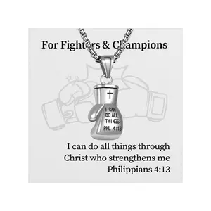 Men's Boxing Glove Necklace: Stainless Steel Boxing Glove Pendant Necklaces with Bible Verse Christian Inspirational Jewelry Includes a card