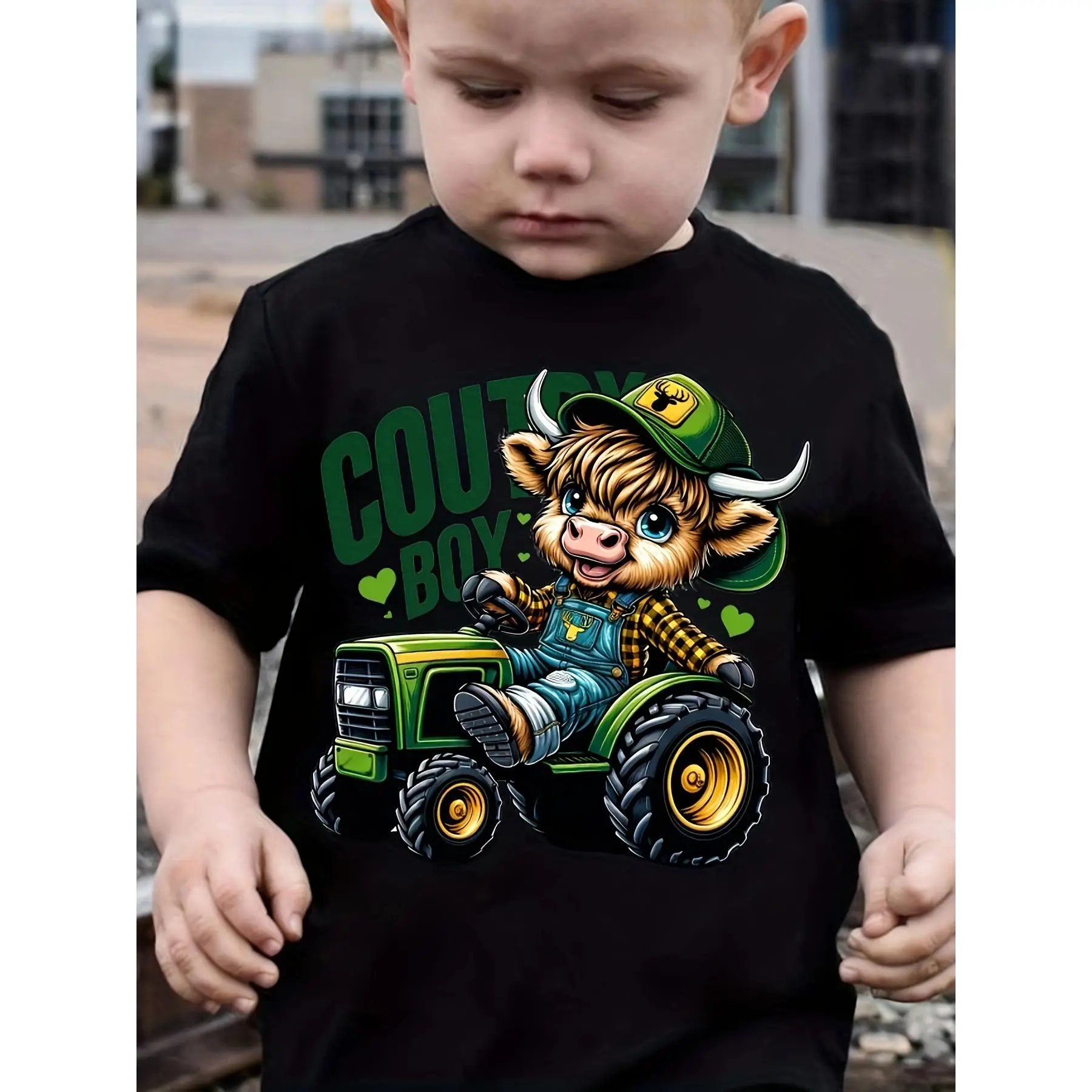 Adorable "Country Boy" Cotton T-Shirt for Youngsters Boys - Fun Cow & Tractor Graphic, Short Sleeve Casual Top, Soft & Breathable Fabric, Perfect for