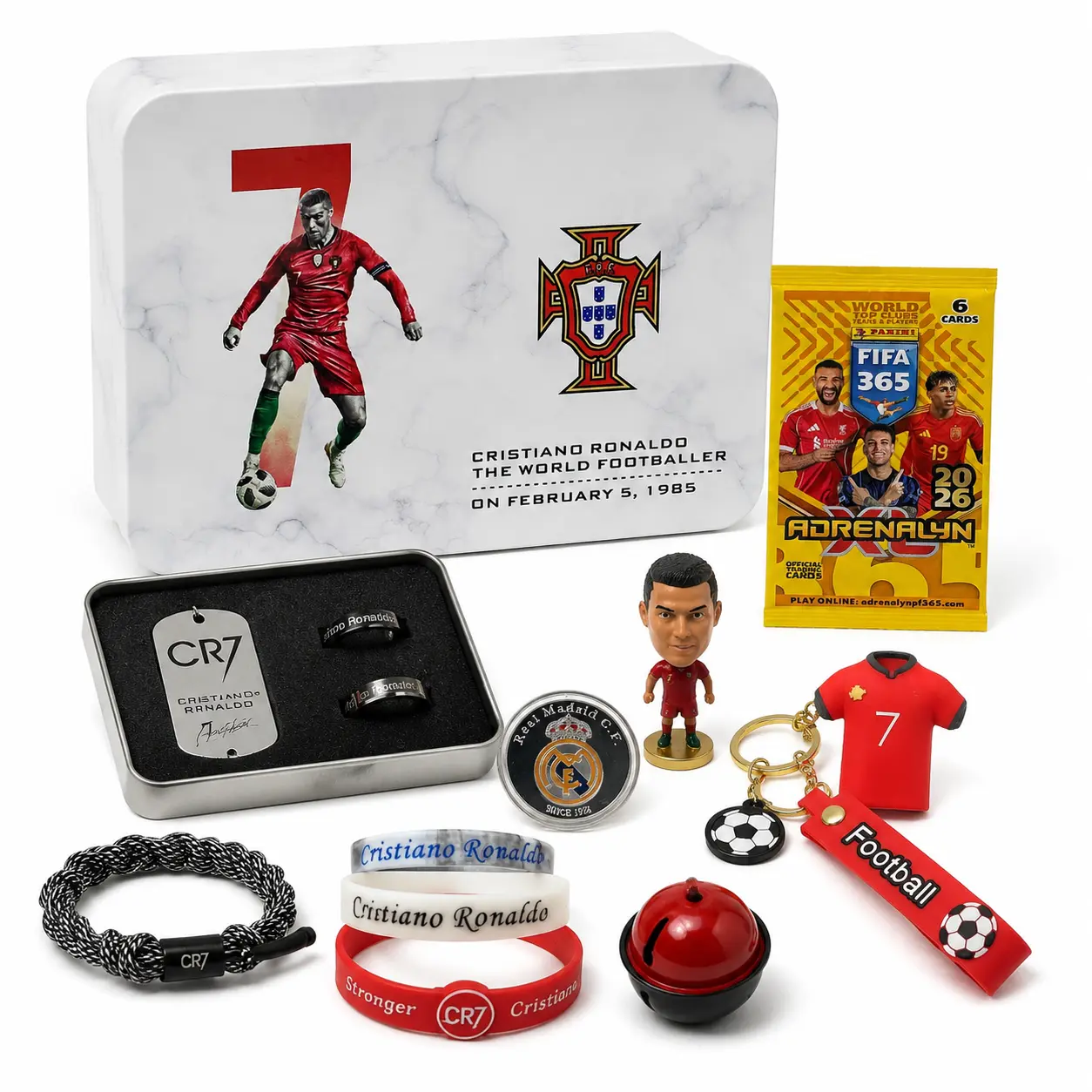 CR7 Theme Unisex Waterproof 13-Item Football Legend Fan Gift Box - Premium Sports Collectible No.7 Memorabilia Set with Action Figure, Collector's Coin, Multi-Pack Rings, 5 Silicone Wristbands, Accessories & Match-Day Wear, 13 Items