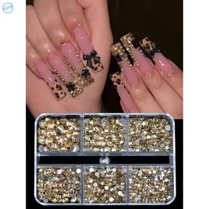 6 Grids Kit Nail Decoration Mix Size Nail Diamond Flatback Rhinestone Glue Strass Diy Bling Stickers Skin Non Hotfix Crystals Nail Supplies Nails Nail Charms Nail Gems