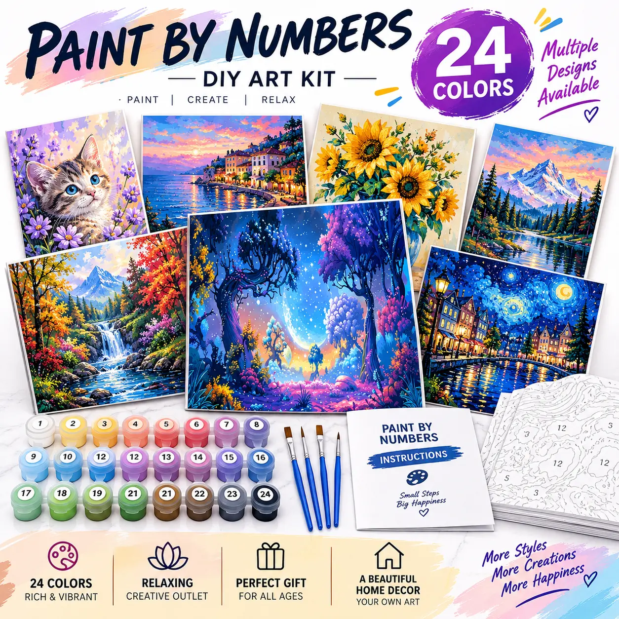 DIY Paint by Numbers Kit, Multiple Designs & Sizes, Canvas Painting Set with Paints, Brushes & Instructions, Fun Art Craft Activity for Kids, Creative Gift for Boys & Girls, Birthday, Christmas & Holiday Gifts