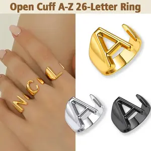 26 letter ring open bold adjustable gold fashionable cufflink ring letter A to Z adjustable initial finger ring suitable for female male girlfriend boyfriend