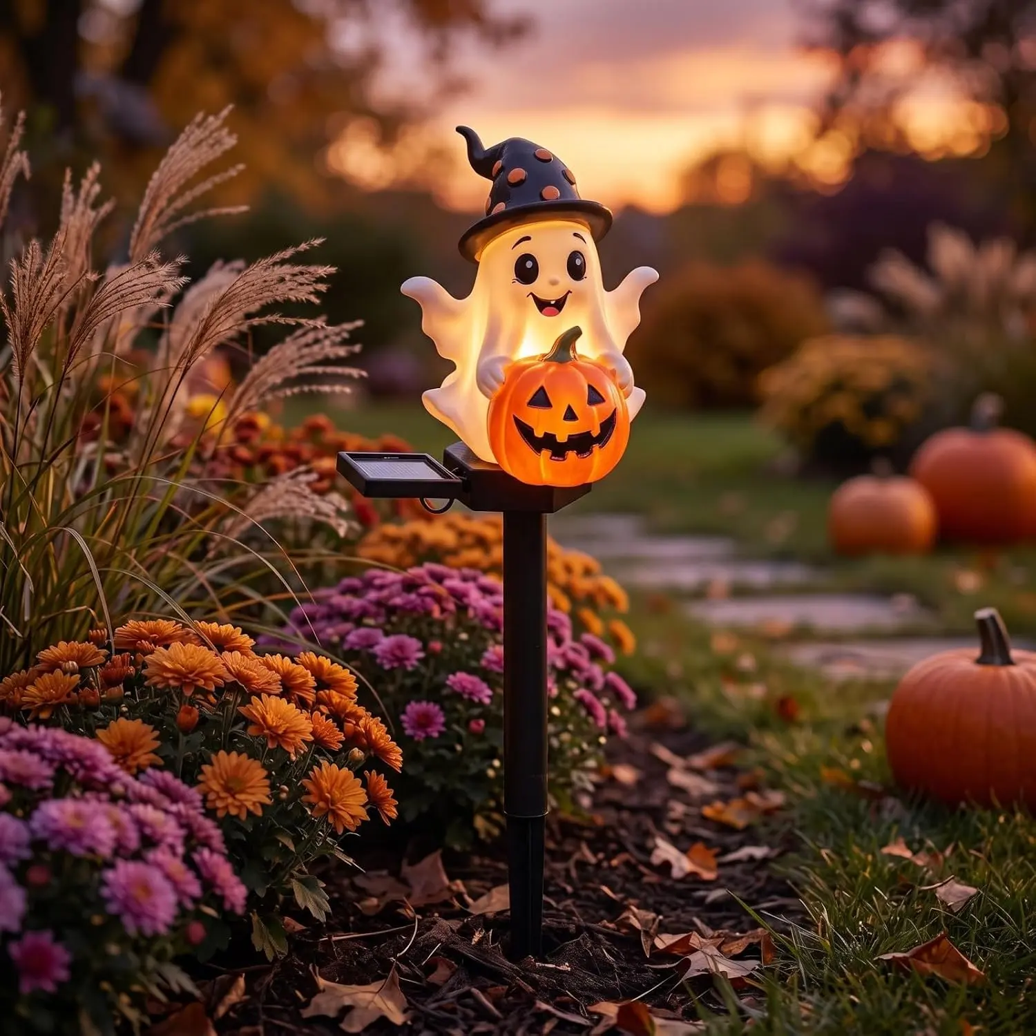 Halloween pumpkin solar lantern outdoor model, LED garden column with light ghost decoration, lawn and garden decoration