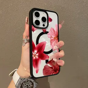Magnetic Stylish Case for iPhone 16 E Pro Max 15 Plus 14 13 12 11 XS XR, Red Lily & Hibiscus Aesthetic | Shockproof, Silicone, Lightweight, Girly, and Scratch Resistant Protection