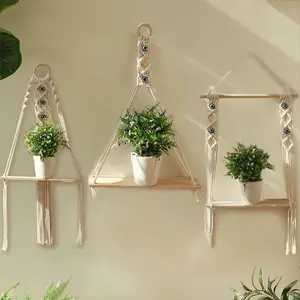Macrame Wall Hanging Shelves with Blue Evil Eye Boho Room Decor Wall Shelves for Bedroom Living Room Hanging Plant Shelves