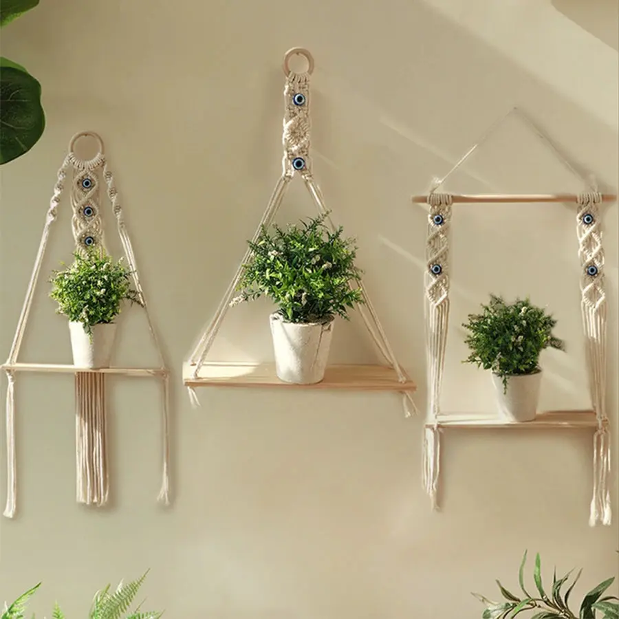 Macrame Wall Hanging Shelves with Blue Evil Eye Boho Room Decor Wall Shelves for Bedroom Living Room Hanging Plant Shelves