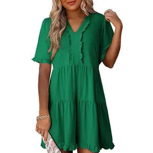 Womens Dresses 2025 Summer Spring V Neck Short Sleeve Casual A Line Flowy Swing Shift Dress Mini Dress