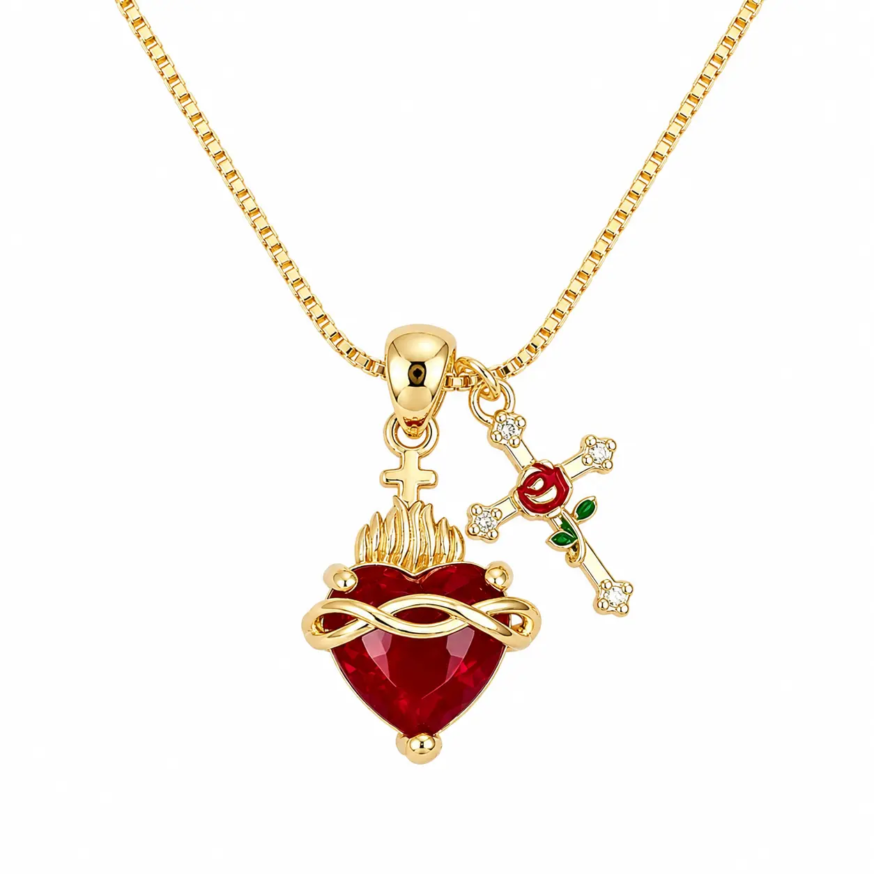 14K Gold Plated Sacred Heart Cross Necklace for Women - Red Heart Pendant Religious Faith Jewelry