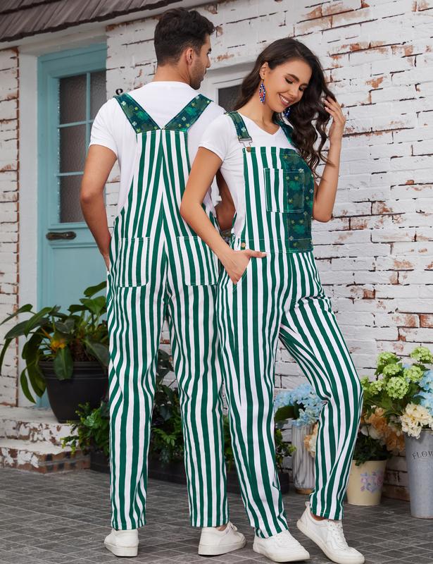 Yuanbang St Patrick's Day Overalls for Men Lucky Irish Romper Green Stripes Print Bib Stretch Denim Coveralls Adjustable Straps Jumpsuit Holiday Menswear Festival Beer Party Mardi Gras Outfits Dad Gifts Football Outwear