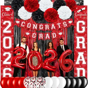 Graduation Party Decorations Class of 2026 with Congrats Grad Banner Fringe Foil Curtain Paper Flower Ball Balloons for High School College Grad Party Supplies, Red