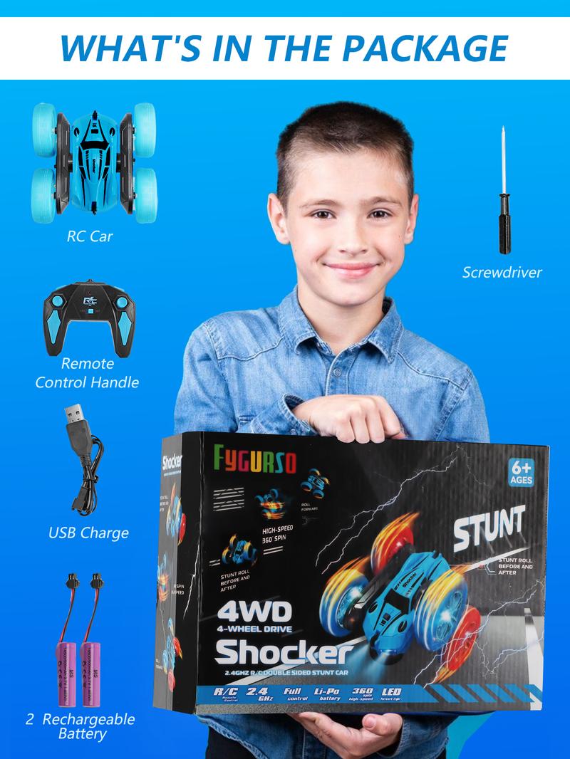 Fygurso Remote Control Car RC Cars with Sides Light Strip and Headlights Double Sided 360 Flips Rotating RC Stunt Car,2.4Ghz All Terrain Toys for Kids Toy for Boys Girls Birthday Gift(Blue)