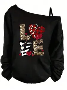 Women's Leopard Print Love Letter Top, Casual Everyday Fitted Loose Shoulder Long Sleeve Blouse, Adjustable Straps, Spring & Fall Comfortable Fashion