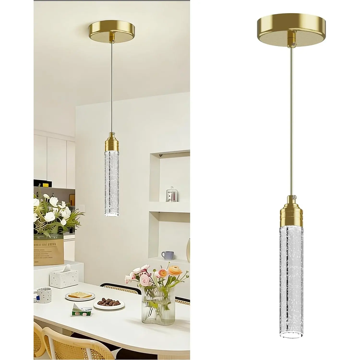Pendant Lights for Kitchen Island - Modern Gold Dimmable Crystal LED Hanging Light with Bubble Glass, 3CCT Adjustable Pendant Light Fixture for Dining Room, Bedroom, Over Sink