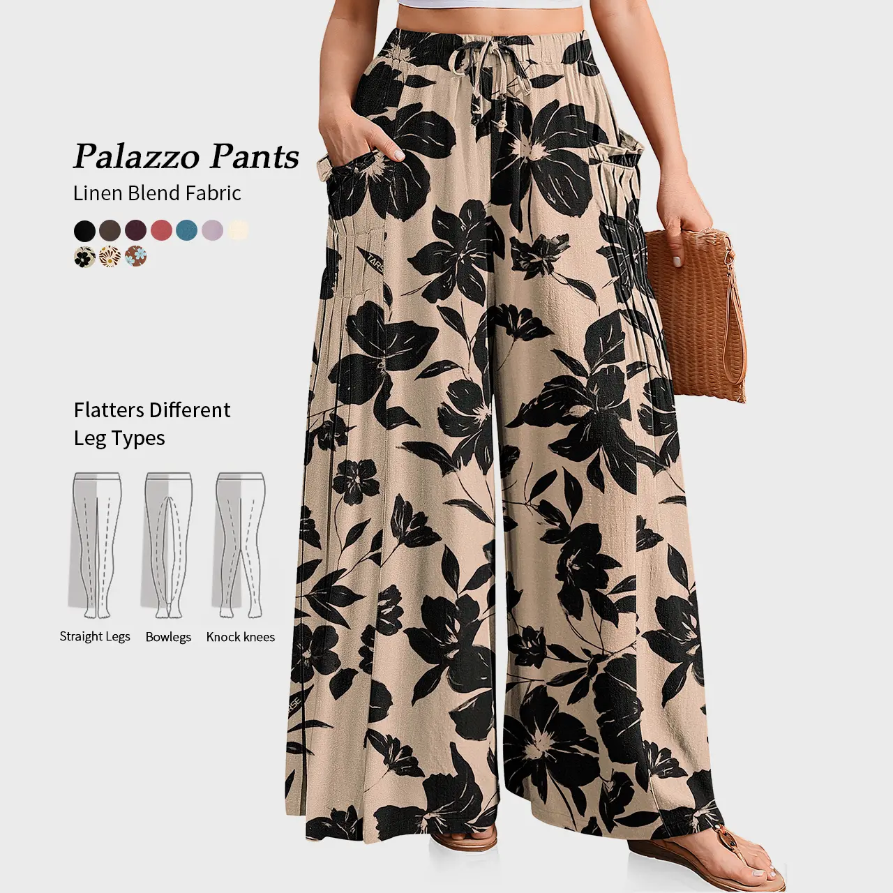 TARSE Women Casual Linen Blend Palazzo Pants Loose Fit Boho Wide Leg Baggy Trousers with Pockets Oversize 2026 Summer Vacation Womenswear Work Pants