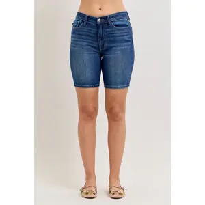 Judy Blue Mid Rise Bermuda Jean Shorts 152108, Dark Wash Stretchy Cotton Non Distressed Denim Casual Womenswear Bottom, Chic Basic Summer Vibe