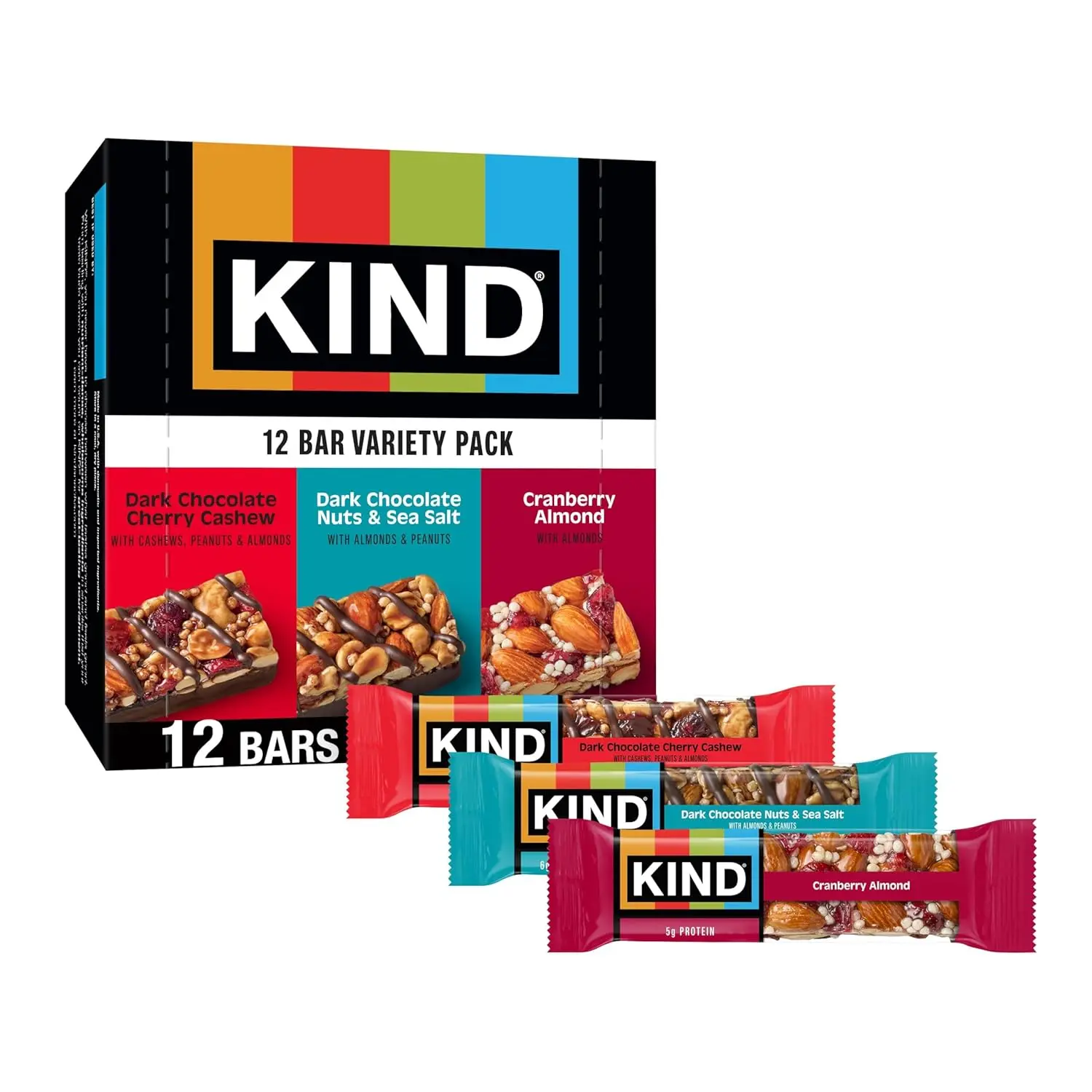 KIND Fruit & Nut Snack Bars Variety Pack - Gluten-Free, High-Fiber, 4-6g Protein - Cranberry Almond, Dark Chocolate Nuts & Sea Salt, Dark Chocolate Cherry Cashew Flavors - 12 Count