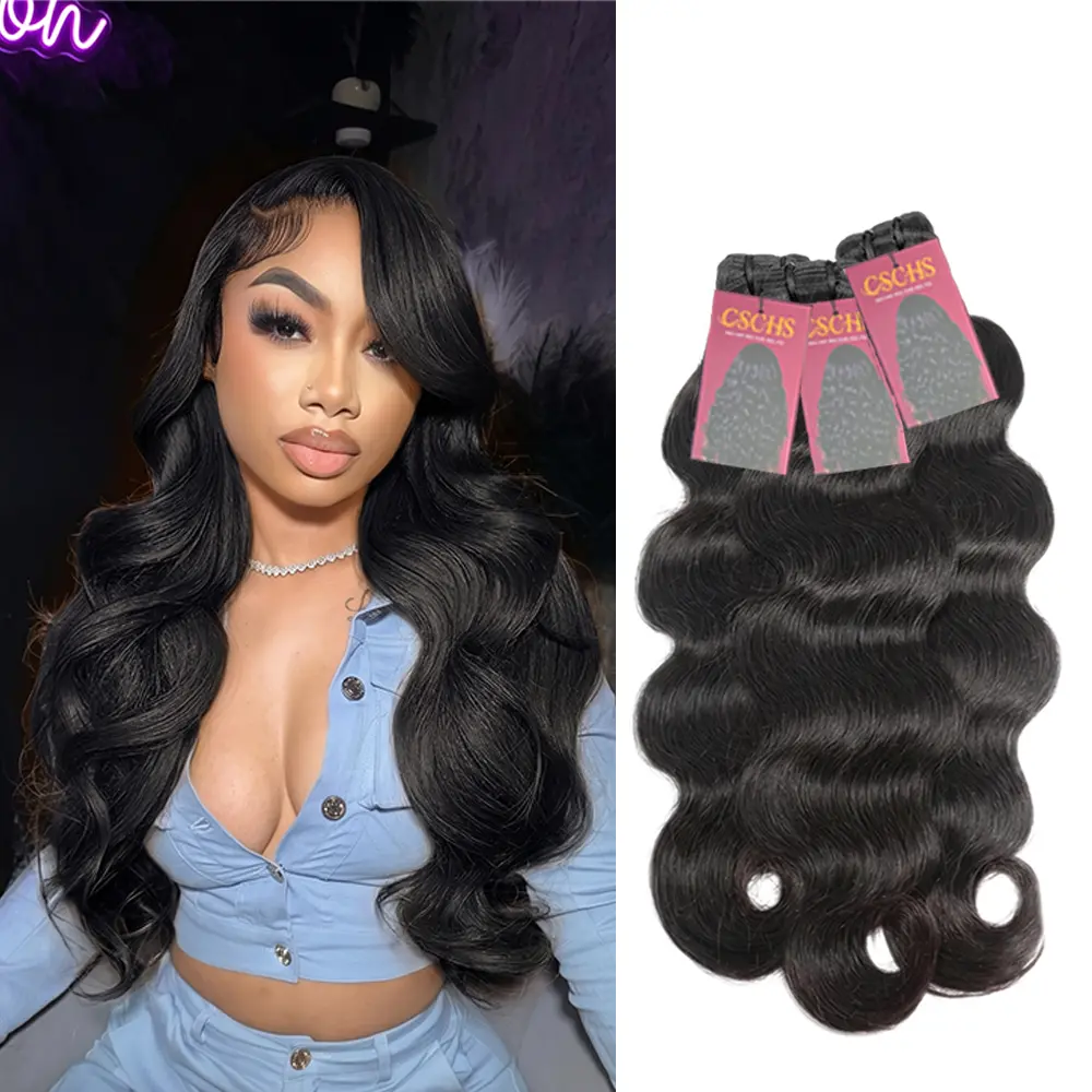 CSCHS 100% Human Hair Bundles, Unisex Brazilian Virgin Body Wave Hair Weave, 1-30 Inch Natural Black, Soft & Thick, No Shedding, 1/3 Bundles (Price: 99)