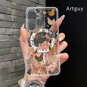 Magnetic Soft Case for  Samsung Galaxy S26 S23 Ultra S24 Plus FE S25 S22+ Chicken floral symphony Pattern Anti-Yellowing Shockproof ultra-thin Silicone Crystal Transparent Acrylic Large Hole Cover Supports Wireless Charging