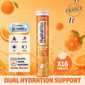HydraMax Hydration + Boost Effervescent Tablets – Electrolytes with Caffeine & Zinc, Orange Flavor, 16 Tablets