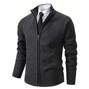 Men's Casual Knit Cardigan Sweater - Stylish stand-up collar, geometric diamond pattern, zipper fastening, cozy polyester blend, fall and winter