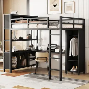 【Bellemave】Metal Loft Bed with Wardrobe And L-shaped Desk, Full Size Loft Bed with Storage Cubes and Shelves, Heavy Duty Loft Bed for Kids Teens Adults, Black(Pre-sale date: August 10th)