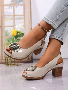 5-color summer coarse heel high-heeled sandals for women, Footwear, with PU glossy texture and single button fish mouth sandal, suitable for summer outdoor wear, daily commuting, shopping