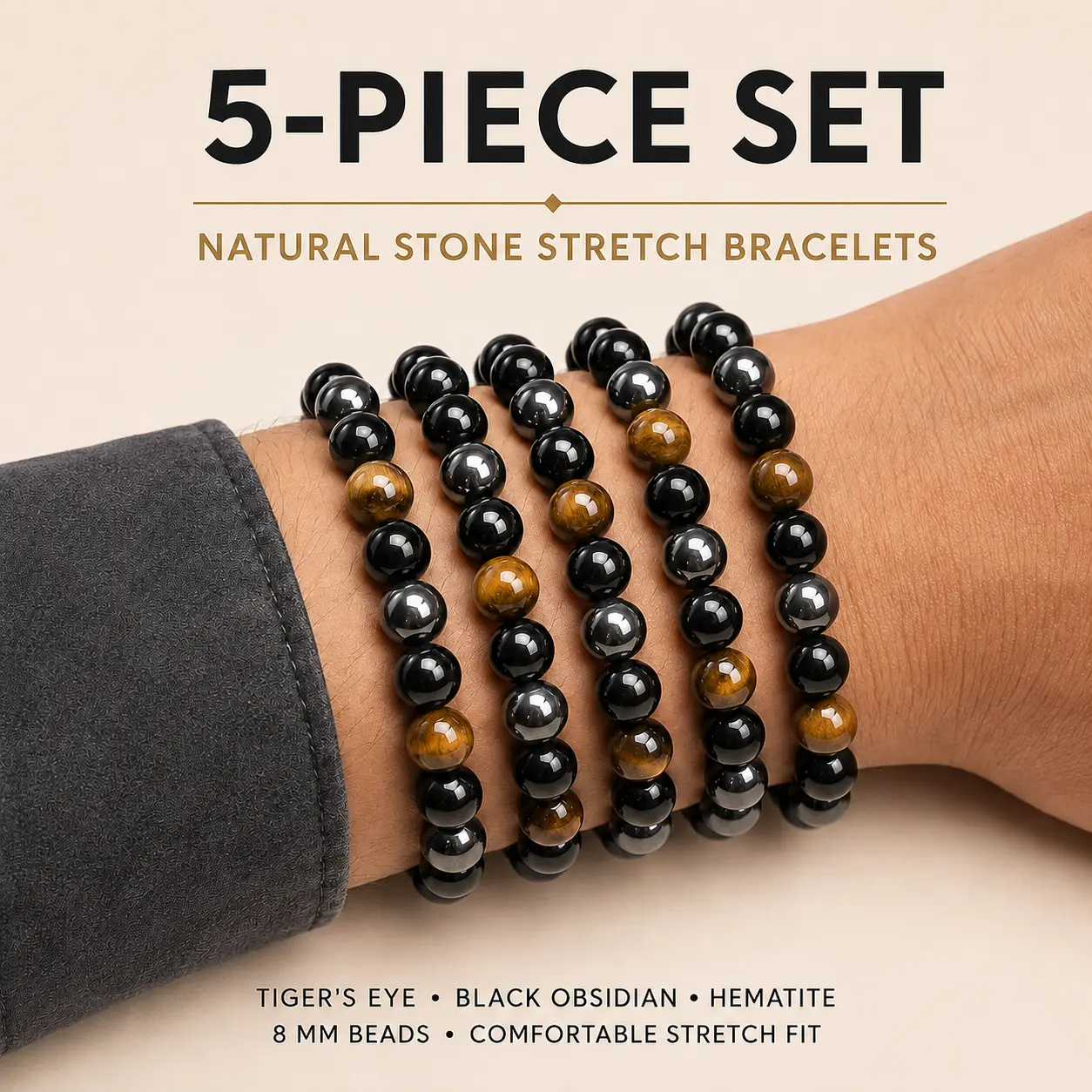 5PCS Stone Beaded Bracelets for Men Women, 8mm Tiger Eye Black Obsidian Hematite Stretch Bracelets, Unisex Fashion Jewelry Gift