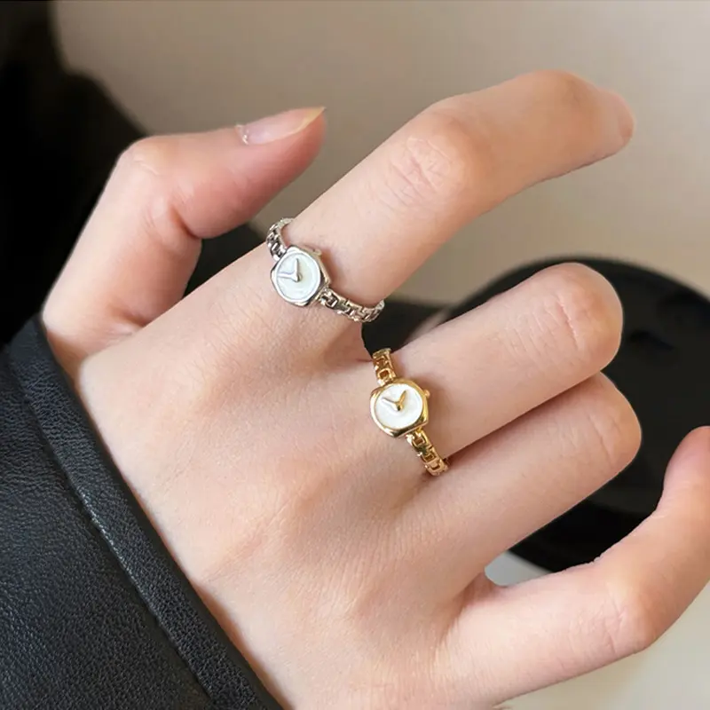 "Reverse Clock" — A unique, stylish watch-chain style ring for women; an adjustable, open-band design with a slender profile.